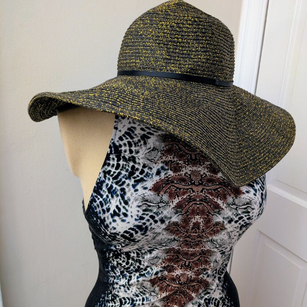 black / metallic gold woven wide-brim hat by asos